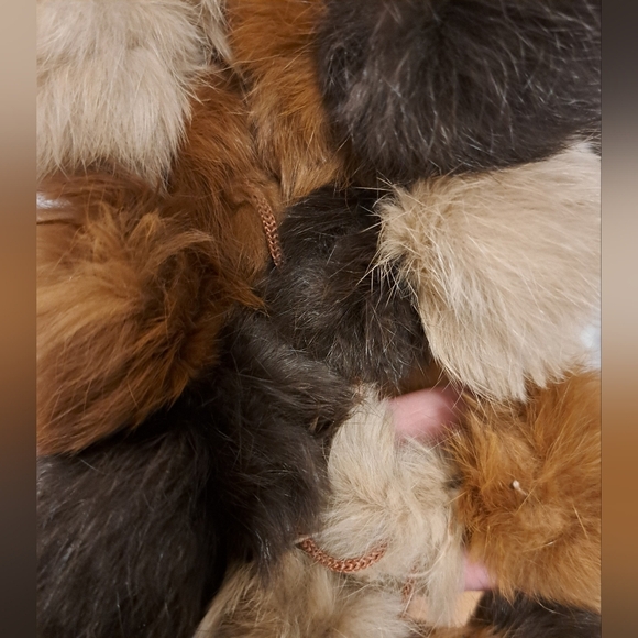 Vintage Genuine Rabbit Fur 3 Tone Brown Neutral Boho Formal PomPom Scarf Wrap - Picture 3 of 5